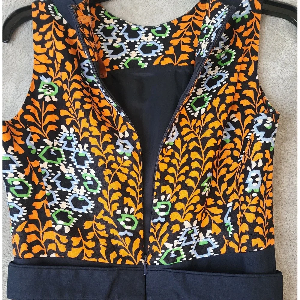 Tory Burch Dress Womens Size 2 Orange Navy Linen Floral‎ Shift Logo Buttons